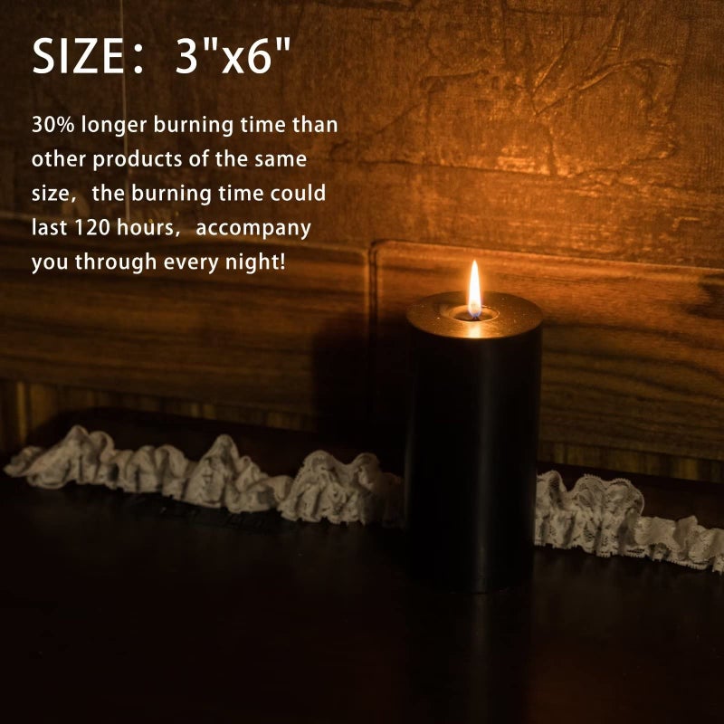 MOZEAL 3"" x 6"" Hand-Poured Unscented Candle Dripless Pillar Candle Set of 3 Long Lasting Burning Approx 120 Hours Burn Time Rustic Country Style for Wedding Dinner Christmas and Home Decor Black - Image 3